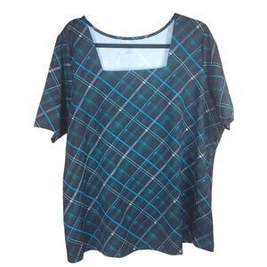 Jessica London Women's Plus Size Stretch Cotton Square Neck Top Green Plaid